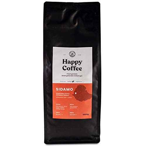 HAPPY COFFEE Bio Kaffeebohnen 1Kg [SIDAMO] Extra Stark I...