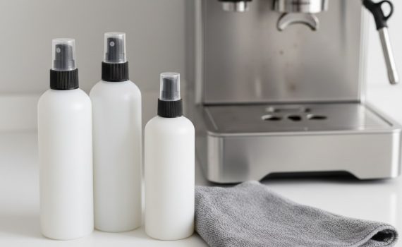 Drei weiße Sprühflaschen stehen zusammen mit einem grauen Mikrofasertuch auf einer weißen Arbeitsfläche. Im Hintergrund ist eine silberne Siebträger-Espressomaschine zu erkennen.
