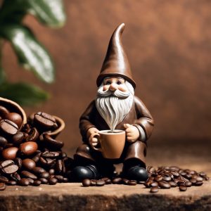 Gartenzwerg mit Kaffeetasse & Kaffeebohne im Hintergrund