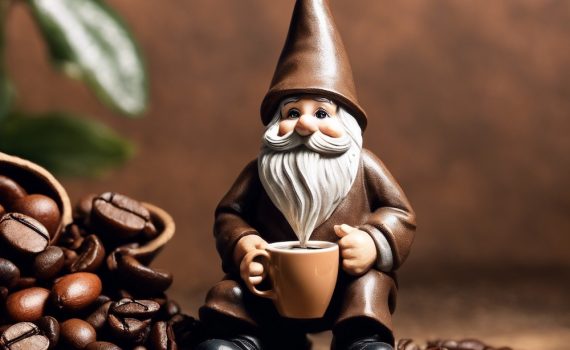 Gartenzwerg mit Kaffeetasse & Kaffeebohne im Hintergrund