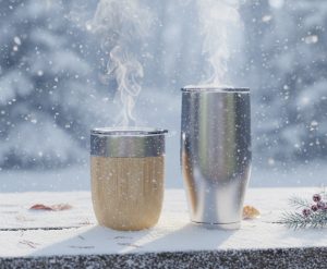Zwei Thermobecher – einer in Holzoptik und einer aus Edelstahl – stehen auf einer verschneiten Holzbank im Freien. Aus beiden Bechern steigt deutlich sichtbarer Dampf auf, während im Hintergrund eine verschneite Winterlandschaft bei leichtem Schneefall zu sehen ist.
