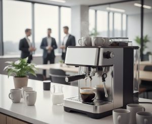 Eine silberne Siebträger-Kaffeemaschine bereitet in einer hellen Büroumgebung frischen Espresso zu. Auf dem weißen Tresen stehen mehrere leere Kaffeetassen, ein Milchkännchen und eine Grünpflanze. Im unscharfen Hintergrund unterhalten sich drei Geschäftspersonen in Anzügen vor einer großen Fensterfront mit Stadtblick.