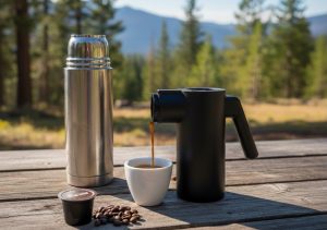 Kleinste Espressomaschine der Welt: Handpresso & Co Eine kompakte, schwarze tragbare Espressomaschine steht auf einem rustikalen Holztisch im Freien und füllt frischen Espresso in eine kleine weiße Tasse. Daneben stehen eine silberne Thermoskanne und Kaffeebohnen vor einer sonnigen, bewaldeten Bergkulisse.