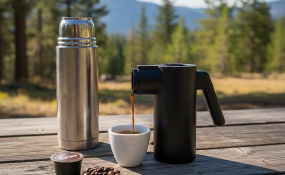 Eine kompakte, schwarze tragbare Espressomaschine steht auf einem rustikalen Holztisch im Freien und füllt frischen Espresso in eine kleine weiße Tasse. Daneben stehen eine silberne Thermoskanne und Kaffeebohnen vor einer sonnigen, bewaldeten Bergkulisse.