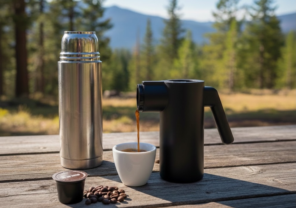 Eine kompakte, schwarze tragbare Espressomaschine steht auf einem rustikalen Holztisch im Freien und füllt frischen Espresso in eine kleine weiße Tasse. Daneben stehen eine silberne Thermoskanne und Kaffeebohnen vor einer sonnigen, bewaldeten Bergkulisse.