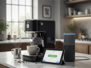 Eine moderne, schwarze Espressomaschine steht auf einer Marmor-Küchenzeile neben einem Smart-Speaker und einem Tablet, das eine App mit der Schaltfläche „Start Coffee“ zeigt. Aus einer frisch gebrühten Tasse Kaffee steigt Dampf auf, während im Hintergrund eine helle, stilvoll eingerichtete Küche zu sehen ist.