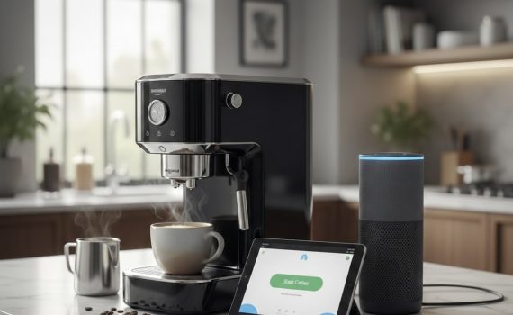 Eine moderne, schwarze Espressomaschine steht auf einer Marmor-Küchenzeile neben einem Smart-Speaker und einem Tablet, das eine App mit der Schaltfläche „Start Coffee“ zeigt. Aus einer frisch gebrühten Tasse Kaffee steigt Dampf auf, während im Hintergrund eine helle, stilvoll eingerichtete Küche zu sehen ist.