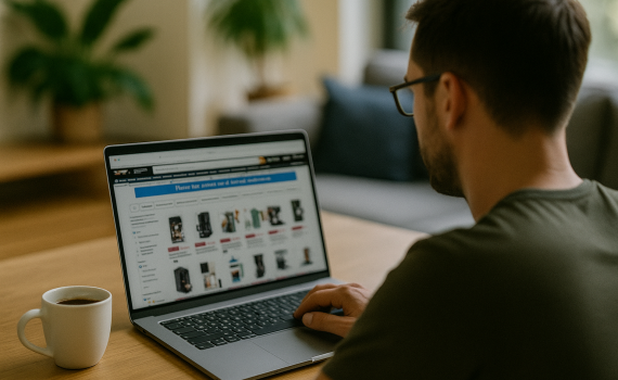 Ein Mann der bei Amazon Prime Day nach Kaffeemaschinen Angeboten