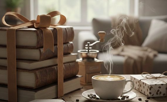 Eine gemütliche Szene auf einem Holztisch mit einem Stapel alter Bücher, die mit einer braunen Schleife als Geschenk verpackt sind. Daneben steht eine dampfende Tasse Cappuccino mit Latte Art, eine klassische Kaffeemühle aus Holz und ein weiteres kleines, gemustertes Geschenkpaket. Im Vordergrund liegen eine Brille und ein aufgeschlagenes Buch, während im unscharfen Hintergrund ein helles Wohnzimmer mit Sofa erkennbar ist.