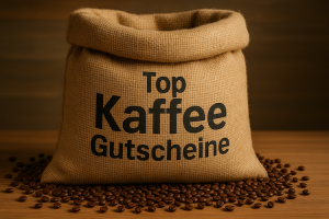 Ein Kaffesack aus jute auf dem Top Kaffee Gutscheine steht