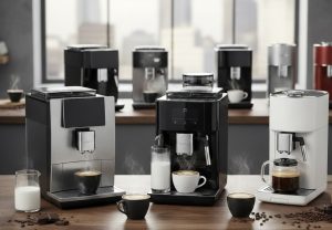 Mehrere moderne Kaffeevollautomaten in den Farben Silber, Schwarz und Weiß sind auf einer hölzernen Arbeitsfläche nebeneinander aufgereiht. Im Vordergrund stehen verschiedene Tassen mit frisch gebrühtem Kaffee und Milchschaum sowie ein Kännchen Milch und Kaffeebohnen. Durch ein großes Fenster im Hintergrund ist eine städtische Skyline erkennbar.