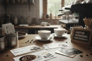 Ein Tresen in einem Café, auf dem mehrere Kaffeetassen mit Latte Art und verschiedene Gutscheinkarten liegen. Ein kleines Holzschild trägt die Aufschrift „KAFFEE GUTSCHEINE HIER ERHÄLTLICH“. Im unscharfen Hintergrund sind eine Espressomaschine und ein helles Fenster zu sehen.