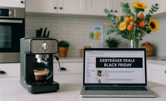 Moderne Familienküche mit heller Arbeitsplatte, auf der eine hochwertige Siebträgermaschine und ein geöffnetes MacBook stehen; auf dem Laptop ist unscharf eine Amazon-Seite mit dem Text „Siebträger Deals Black Friday“ zu sehen.
