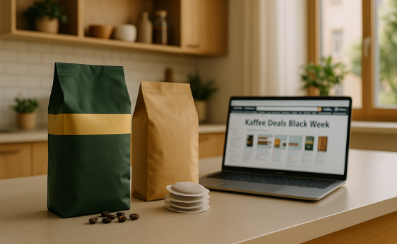 Zwei Kaffee-Verpackungen, ein paar Kaffeebohnen und ein Stapel Kaffeepads stehen auf einer hellen Küchenarbeitsplatte, daneben ein geöffnetes Laptop mit einer „Kaffee Deals Black Week“-Seite; im Hintergrund eine moderne, helle Küche mit Holz- und Pflanzenakzenten.
