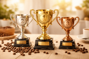 Drei glänzende Pokale stehen nebeneinander auf einem hellen Holztisch. In der Mitte befindet sich der größte goldene Pokal mit der Zahl „1“, links ein silberner mit der „2“ und rechts ein bronzefarbener mit der „3“. Um die Pokale liegen verstreute Kaffeebohnen, und das Bild ist in warmen, beigen Farbtönen mit weicher Beleuchtung gehalten.