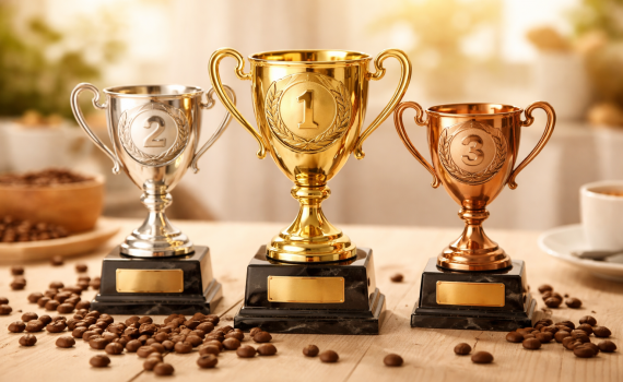 Drei glänzende Pokale stehen nebeneinander auf einem hellen Holztisch. In der Mitte befindet sich der größte goldene Pokal mit der Zahl „1“, links ein silberner mit der „2“ und rechts ein bronzefarbener mit der „3“. Um die Pokale liegen verstreute Kaffeebohnen, und das Bild ist in warmen, beigen Farbtönen mit weicher Beleuchtung gehalten.