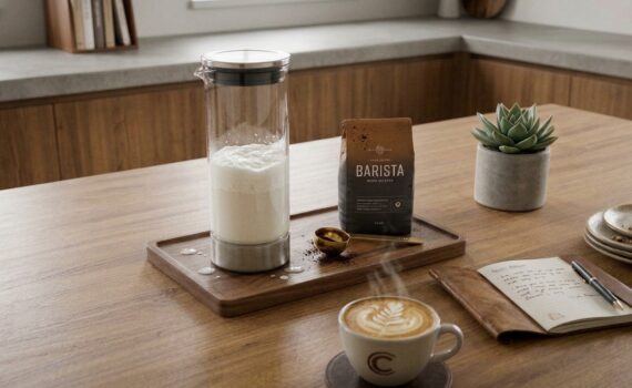 Moderner elektrischer Milchaufschäumer aus Glas mit cremigem Milchschaum auf einer Holz-Kücheninsel neben einer Tasse Cappuccino mit Latte Art.