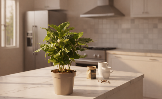 Grüne Kaffeepflanze (Coffea Arabica) im Topf auf einer hellen Kücheninsel mit Kaffeebohnen und Tassen im Hintergrund.