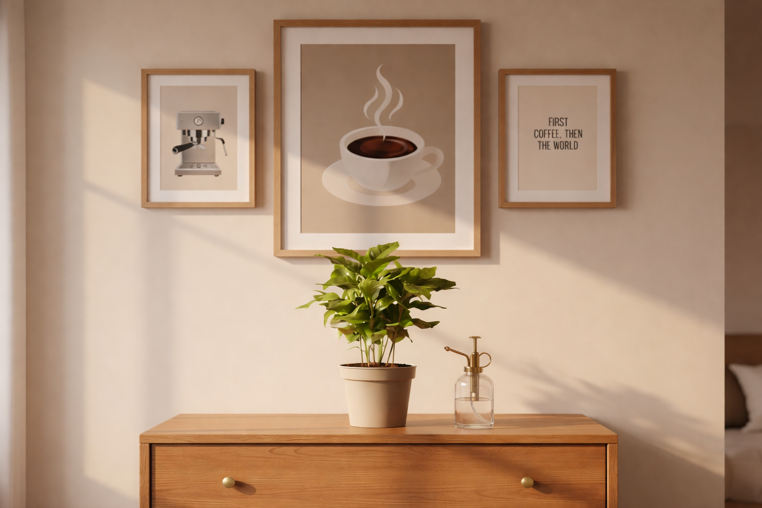 Kaffeepflanze im Topf auf einer hellen Kommode, im Hintergrund gerahmte Bilder an der Wand, darauf Kaffeemotive.
