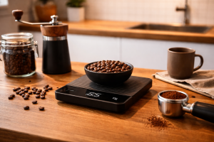 Beste Kaffeewaage finden – Tipps & Produktempfehlungen Kaffeewaage auf Holzarbeitsfläche mit Kaffeebohnen, Handmühle und Espressosiebträger in moderner Küche