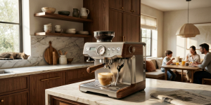 Kaffeevollautomaten ab 1.000 Euro – Luxus oder sinnvolles Upgrade? Ein sehr hochwertiger, markenloser Espresso-Vollautomat aus Edelstahl und Holz steht auf einer Marmor-Arbeitsplatte in einer modernen, luxuriösen Küche. Eine Tasse Cappuccino mit Latte Art steht unter dem Siebträger. Im Hintergrund frühstückt eine Familie an einem Holztisch, und eine Katze schläft auf der Fensterbank. Die Szene strahlt eine warme, einladende und wohlhabende Atmosphäre aus.