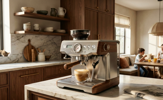 Ein sehr hochwertiger, markenloser Espresso-Vollautomat aus Edelstahl und Holz steht auf einer Marmor-Arbeitsplatte in einer modernen, luxuriösen Küche. Eine Tasse Cappuccino mit Latte Art steht unter dem Siebträger. Im Hintergrund frühstückt eine Familie an einem Holztisch, und eine Katze schläft auf der Fensterbank. Die Szene strahlt eine warme, einladende und wohlhabende Atmosphäre aus.