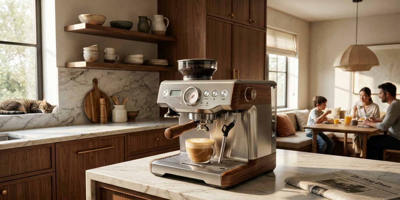 Ein sehr hochwertiger, markenloser Espresso-Vollautomat aus Edelstahl und Holz steht auf einer Marmor-Arbeitsplatte in einer modernen, luxuriösen Küche. Eine Tasse Cappuccino mit Latte Art steht unter dem Siebträger. Im Hintergrund frühstückt eine Familie an einem Holztisch, und eine Katze schläft auf der Fensterbank. Die Szene strahlt eine warme, einladende und wohlhabende Atmosphäre aus.