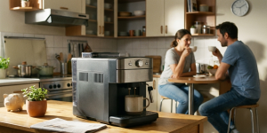 Kaffeevollautomat für den kleinen Geldbeutel - Tipps & Modelle in kompakter, moderner Kaffeevollautomat in Schwarz und Edelstahl brüht Kaffee in eine Tasse auf einem Holztisch. Im Vordergrund stehen ein Sparschwein und eine Zeitung. Im Hintergrund trinkt ein Paar an einem kleinen Tisch in einer gemütlichen Küche Kaffee. Das Bild illustriert das Thema "Kaffeevollautomaten für den kleinen Geldbeutel" und "Preis-Leistungsverhältnis.