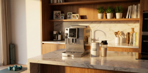 Moderne, helle Küche mit einem Kaffeevollautomaten, Proteinpulver und einem Shaker auf einer Marmoroberfläche.