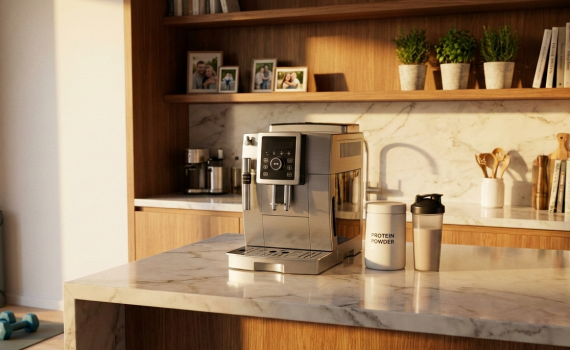 Moderne, helle Küche mit einem Kaffeevollautomaten, Proteinpulver und einem Shaker auf einer Marmoroberfläche.