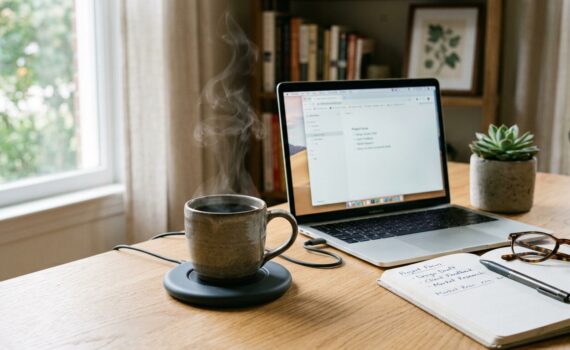 Ein gemütliches Schreibtisch-Setup mit einer dampfenden Kaffeetasse auf einem Tassenwärmer, einem offenen Laptop und einem Notizbuch.
